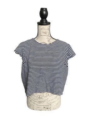 IMNYC Isaac Mizrahi Women's Navy Stripe Crop Top Blouse 1/4 Zip Back Size Large